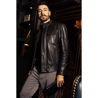 Áo khoác da nam, áo da thật Ftt Leather Racer Jacket túi hộp đắp vai màu đen da dê cao cấp mã AD306D