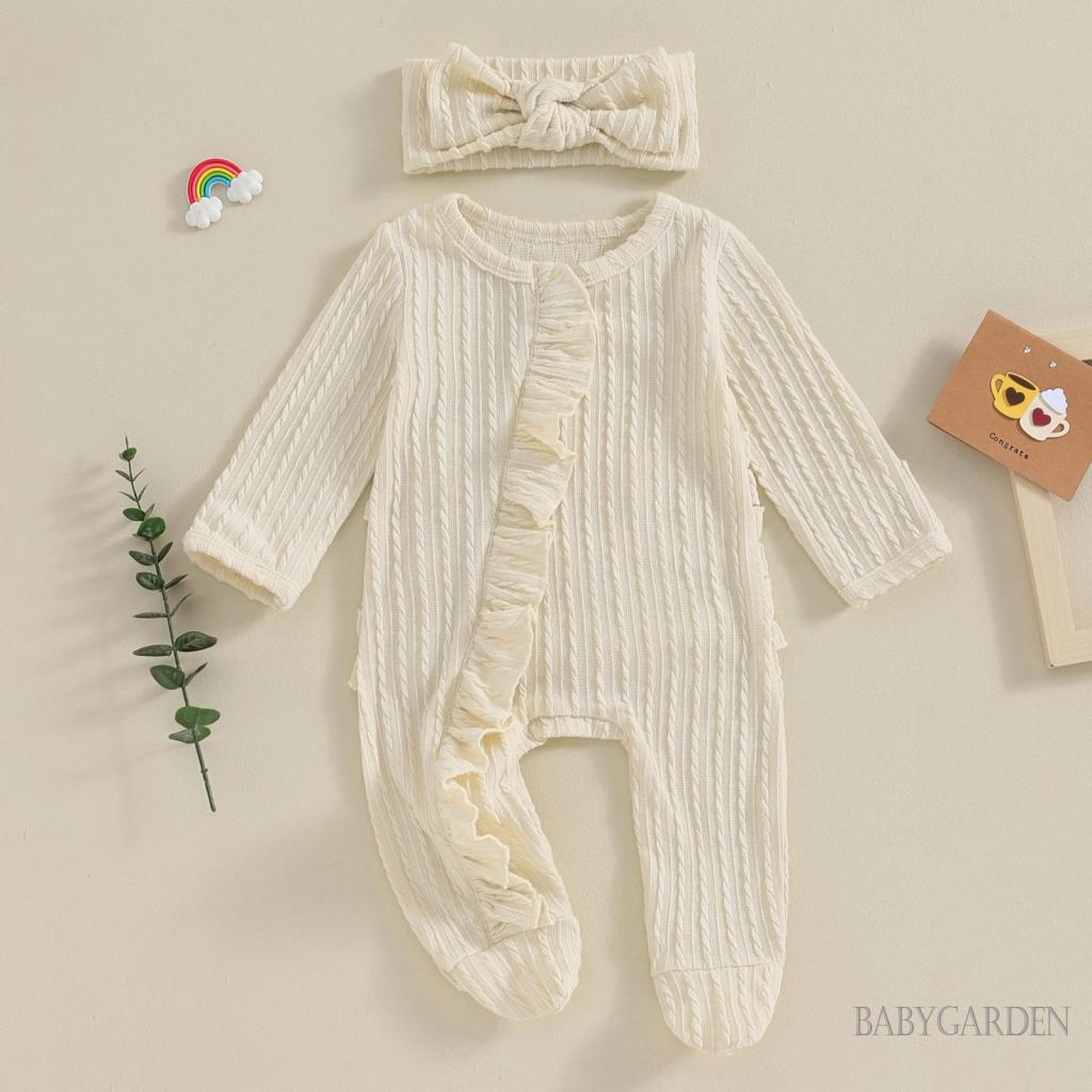 Bộ Áo Liền Quần Tay Dài Cổ Thuyền Màu Trơn Kèm Băng Đô Cài Tóc Thời Trang Cho Bé Gái Sơ Sinh