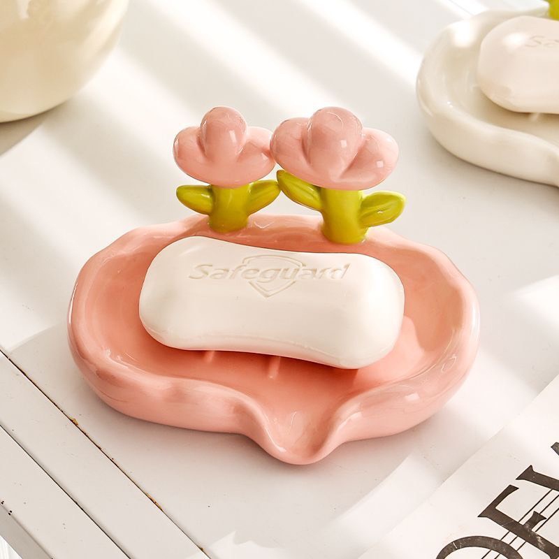 Khay Đựng Xà Phòng Không Tích Nước Bằng Gốm Sứ Hoạ Tiết Hoa Tulip Để Nhà Tắm