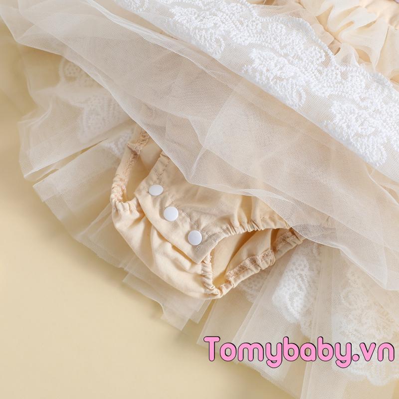 Bé Gái Áo Liền Quần Bay Tay Cổ Tròn Hoa Ren Vải tuyn Chắp Vá Chữ A Cho Trẻ Sơ Sinh