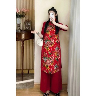 Aó dài con công họa tiết sang chảnh 3 màu vàng, đỏ và xanh.(2270)