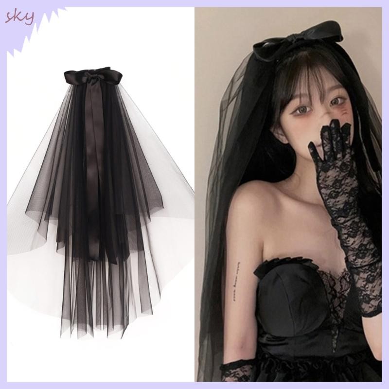 Bầu trời Lớp Mạng che mặt ren có ruy băng Nơ vải tuyn Halloween Khăn che mặt đám cưới cho cô dâu
