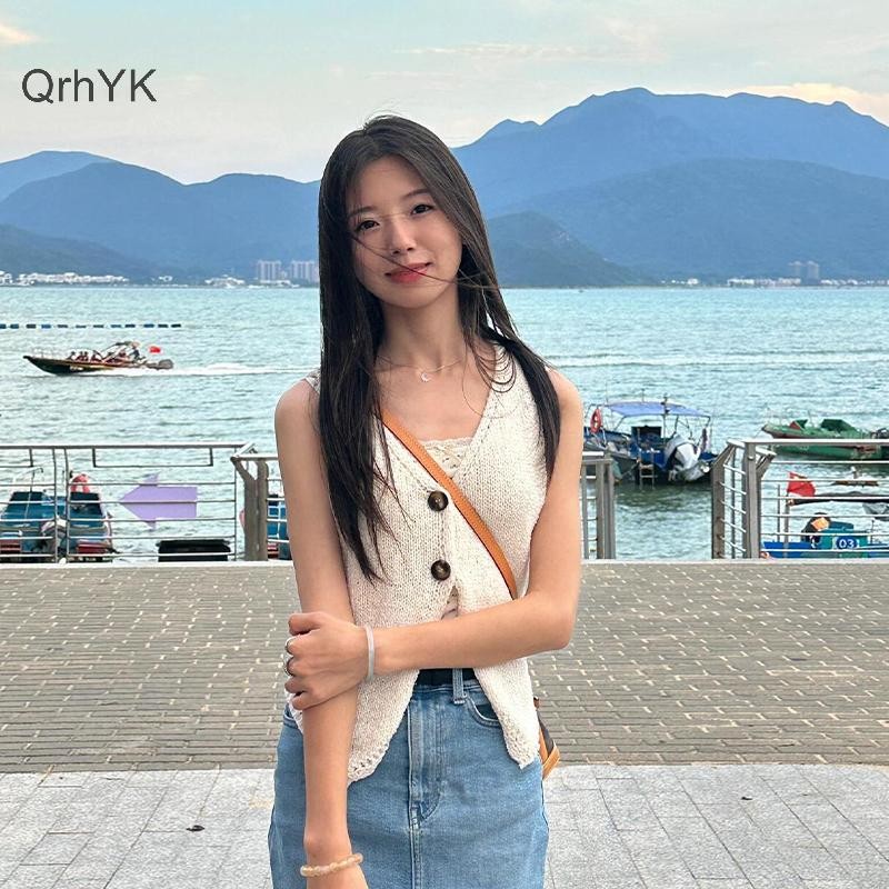 Nhà Máy Thời Trang Mùa Hè Nữ Thời Trang Màu Trơn Sang Trọng Nút Cổ Chữ V Không Tay Dệt Kim Camisole QrhYK