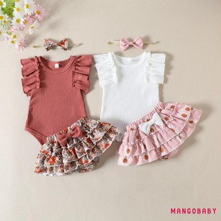 Bộ trang phục mùa hè MG-Baby Girls Bộ áo liền quần có gân tay + Culottes hoa + Băng đô