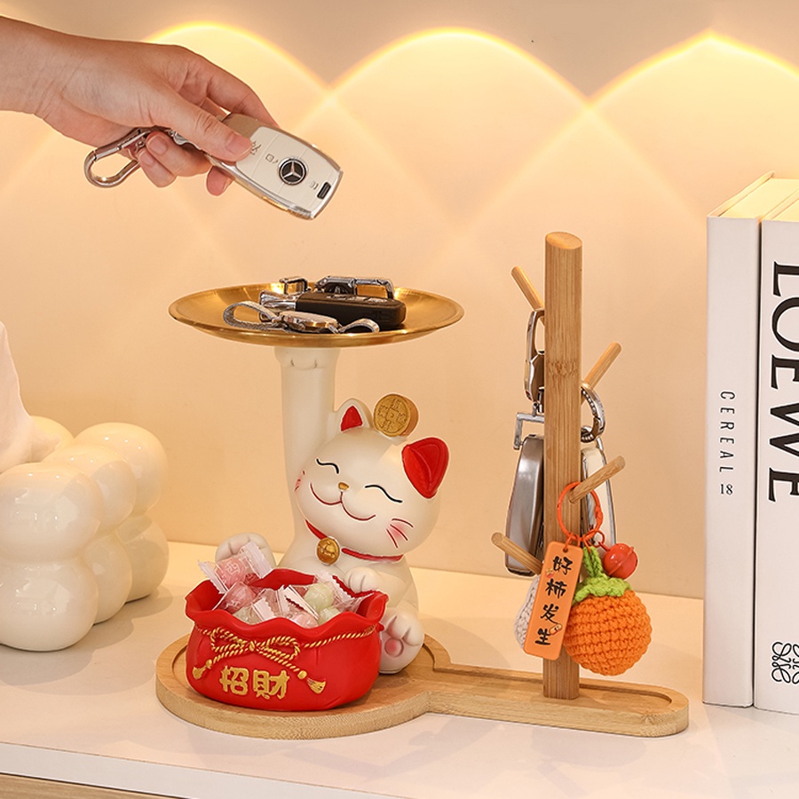 Tượng Mèo Thần Tài Há Miệng Decor Trang Trí Phòng, Để Đồ Chìa Khoá Bánh Kẹo Tài Lộc May Mắn