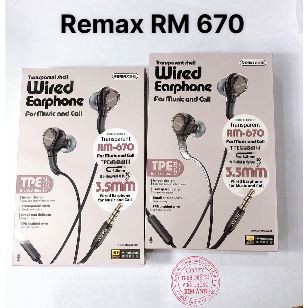 Tai nghe điện thoại Remax RM 670 loại nhét tai có mic đàm thoại, chân ...