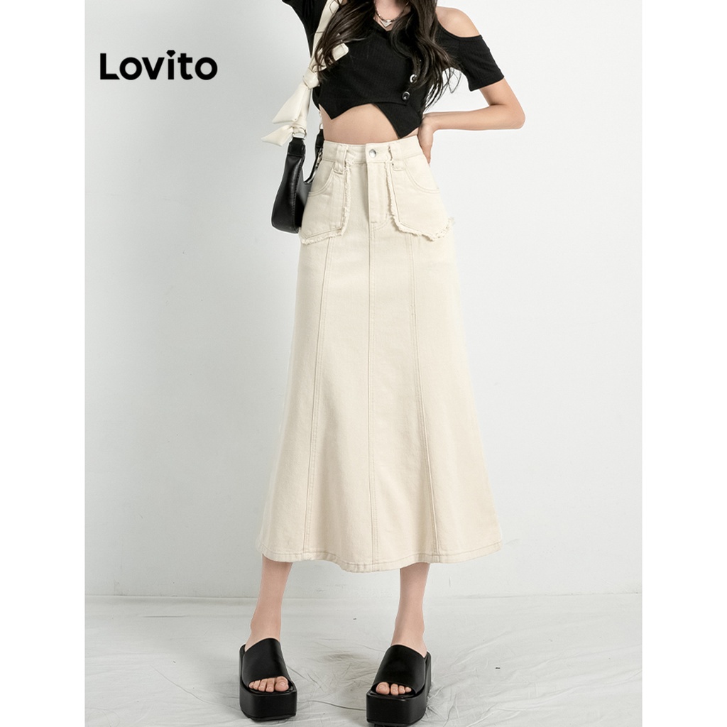 Chân váy denim Lovito midi đuôi cá dây kéo phối túi màu trơn thường ngày cho nữ LNE09201 Mơ spe