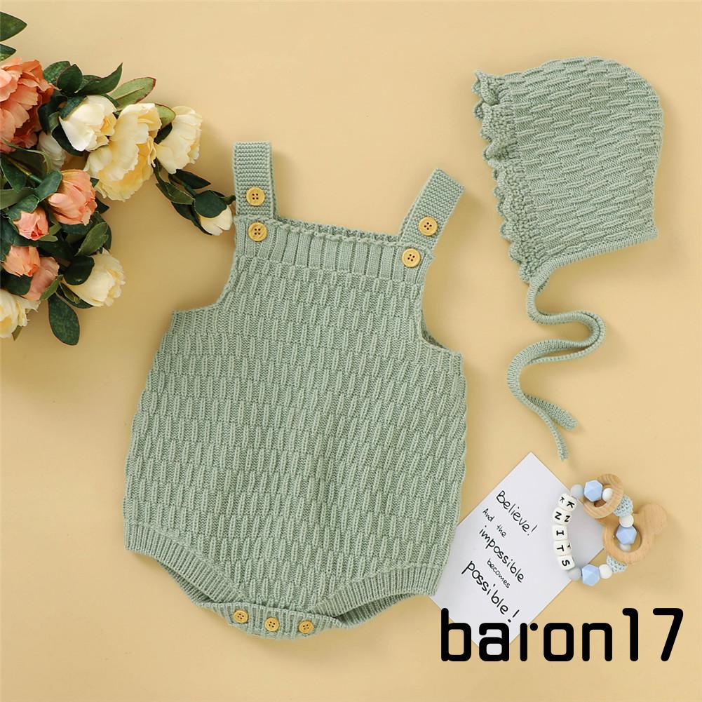 Set đồ 2 món gồm áo liền quần dệt kim cài khuy + mũ thun màu trơn cho bé