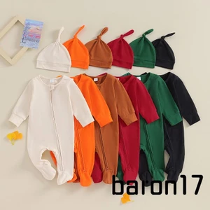 Set Đồ 2 Món Gồm Áo Liền Quần Tay Dài Cổ Tròn Có Khóa Kéo + Mũ Màu Trơn Cho Bé Trai + Gái