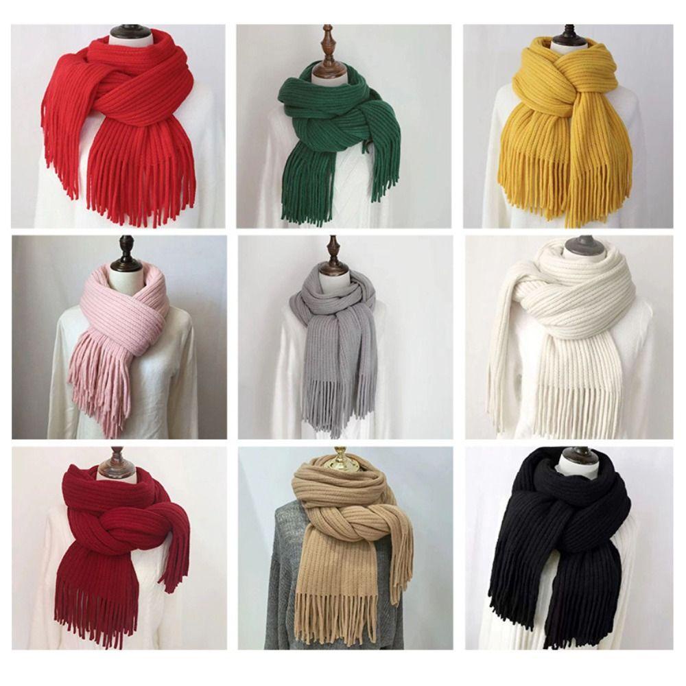 TRACEILLOIAN Khăn choàng Cashmere mùa đông, Khăn quàng cổ màu trơn dài tua rua ấm áp, Khăn quàng cổ dệt kim dày thanh lịch thời trang nữ
