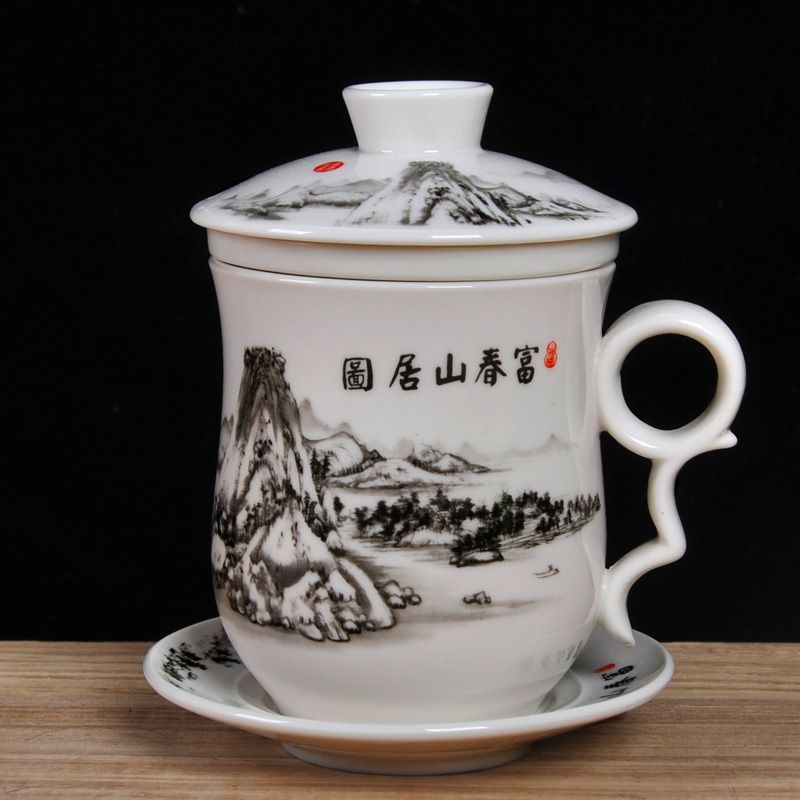 Bộ Bốn Tách Uống Trà Bằng Sứ Có Nắp Lọc Tiện Dụng Cho Văn Phòng / Hội Nghị