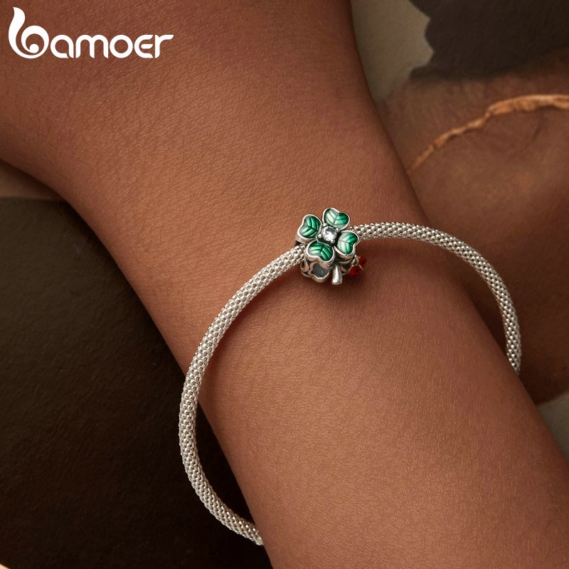 Mặt dây chuyền bạc sterling 925 BAMOER hình cỏ bốn lá