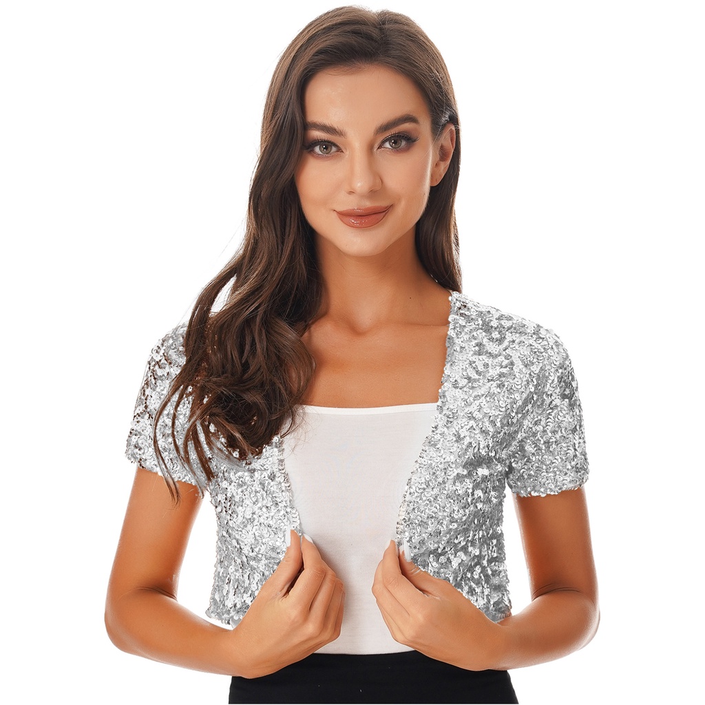 Phụ Nữ Sáng Bóng Sequin Crop Áo Khoác Lấp Lánh Áo Khoác Áo Cardigan Áo Khoác Ngoài Sân Khấu Trình Diễn Trang Phục