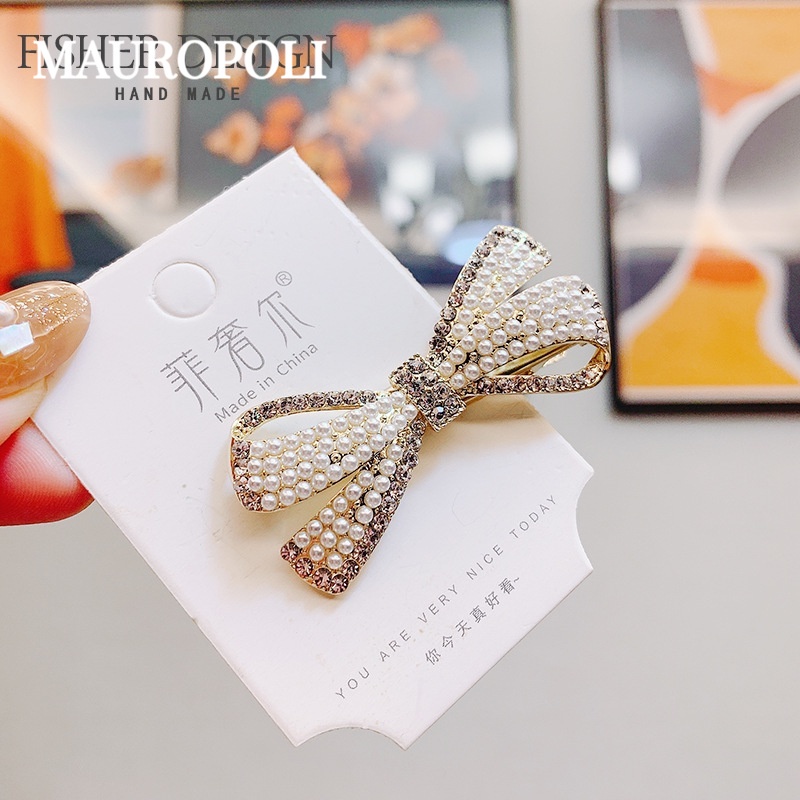Mauropoli [Sẵn Sàng] Kẹp Tóc Ngọc Trai Kim Cương Giả Phiên Bản Hàn Quốc Nơ Mỏ Vịt Kẹp Nữ Bên Nổ Kẹp Bên