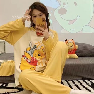 Bộ đồ ngủ giả cotton mới mùa xuân thu dành cho nữ có tay áo dài và quần dài cổ tròn hoạt hình ngọt ngào cỡ lớn Bộ đồ mặc ở nhà dành cho nữ
