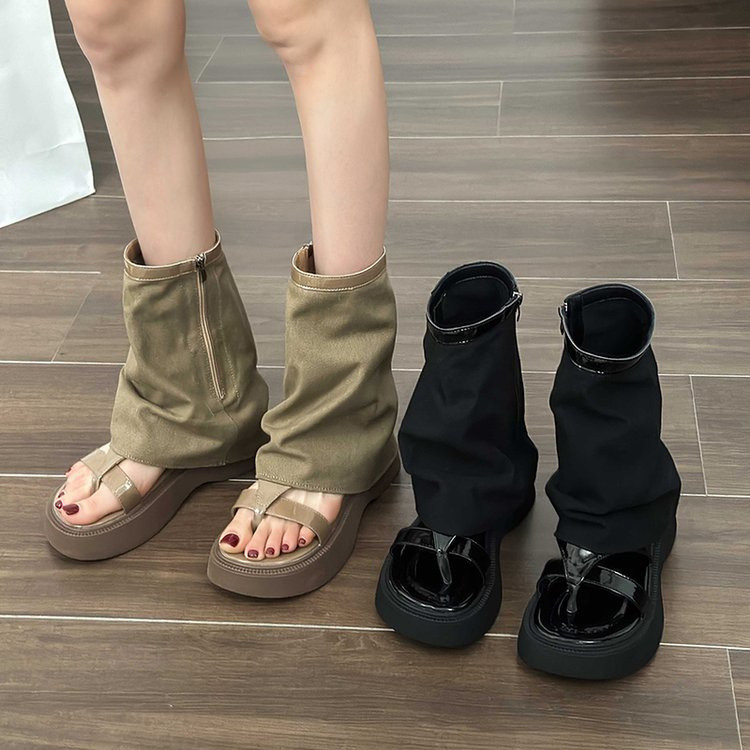 Dép sandal cao cổ vải canvas phong cách Y2K mới của Hàn Quốc, dép Roman, gót vừa, đế dày, mũi nhọn, có khóa kéo, dép Ulzzang đa năng, chống trượt, bền, cho kỳ nghỉ hè, sinh viên