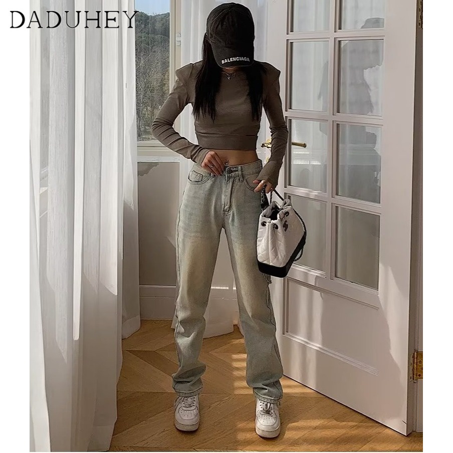 Ảnh DaDuHey New American Ins High Street Retro Yellow Mud Jeans Niche High Waist Straight Pants Large Size Trousers 2