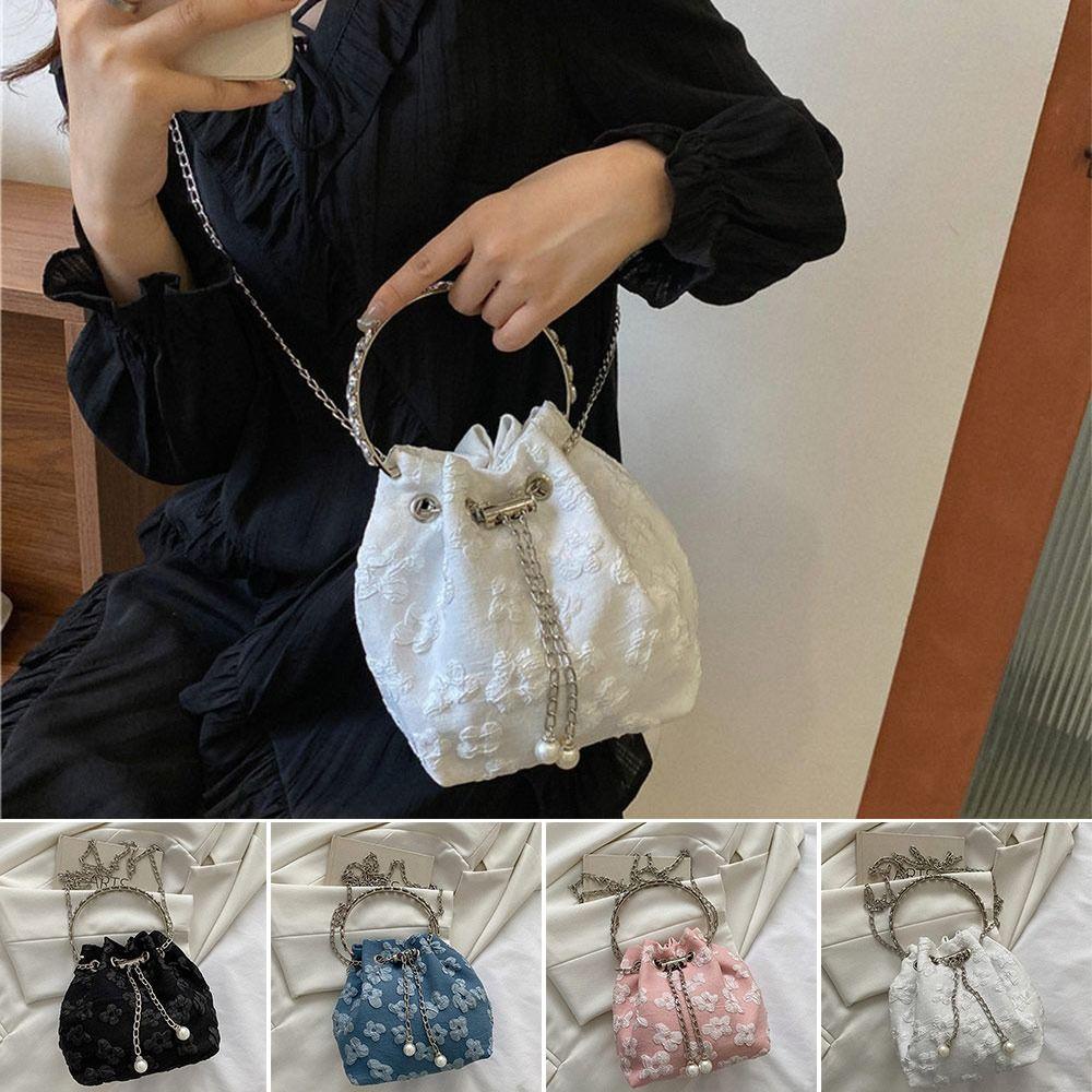 Túi Đeo Vai HOBBYIN, Túi Đeo Ngang Nylon Thiết Kế Hoa Xếp Ly, Dây Xích Thời Trang Vòng Tròn Cầm Tay Tinh Tế Túi Xách Nữ