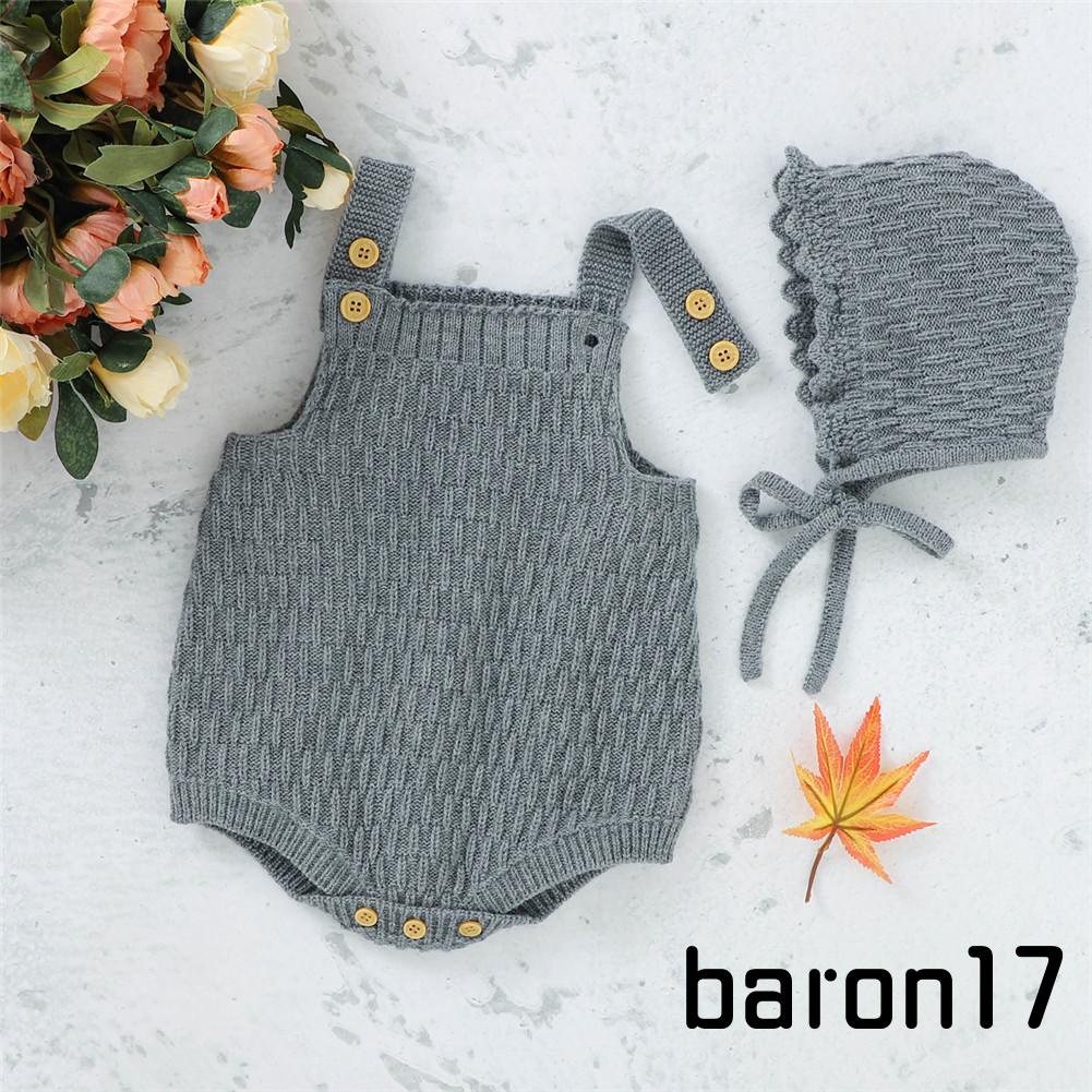 Set đồ 2 món gồm áo liền quần dệt kim cài khuy + mũ thun màu trơn cho bé