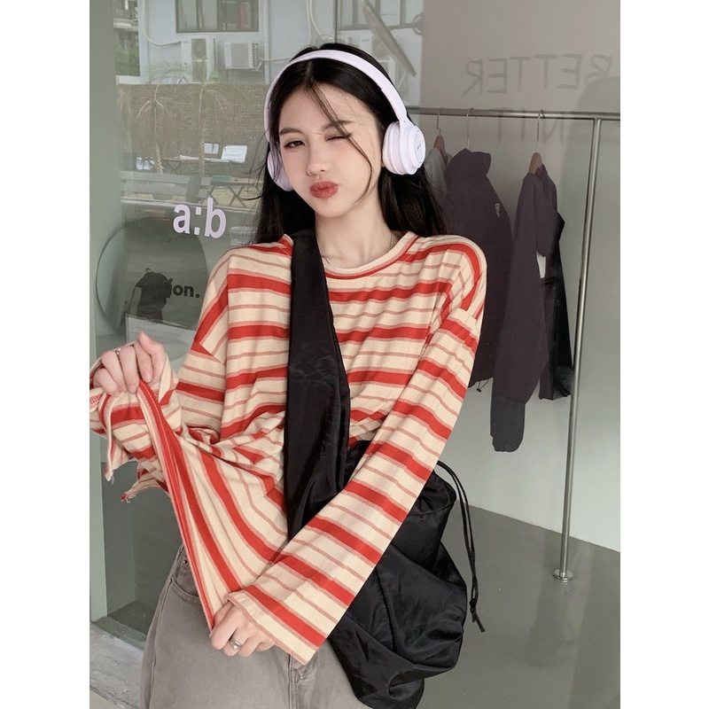 SUXI Áo Thun Nữ Dài Tay Cổ Tròn Họa Tiết Kẻ Sọc Phong Cách Hàn Quốc Thời Trang Thu Đông