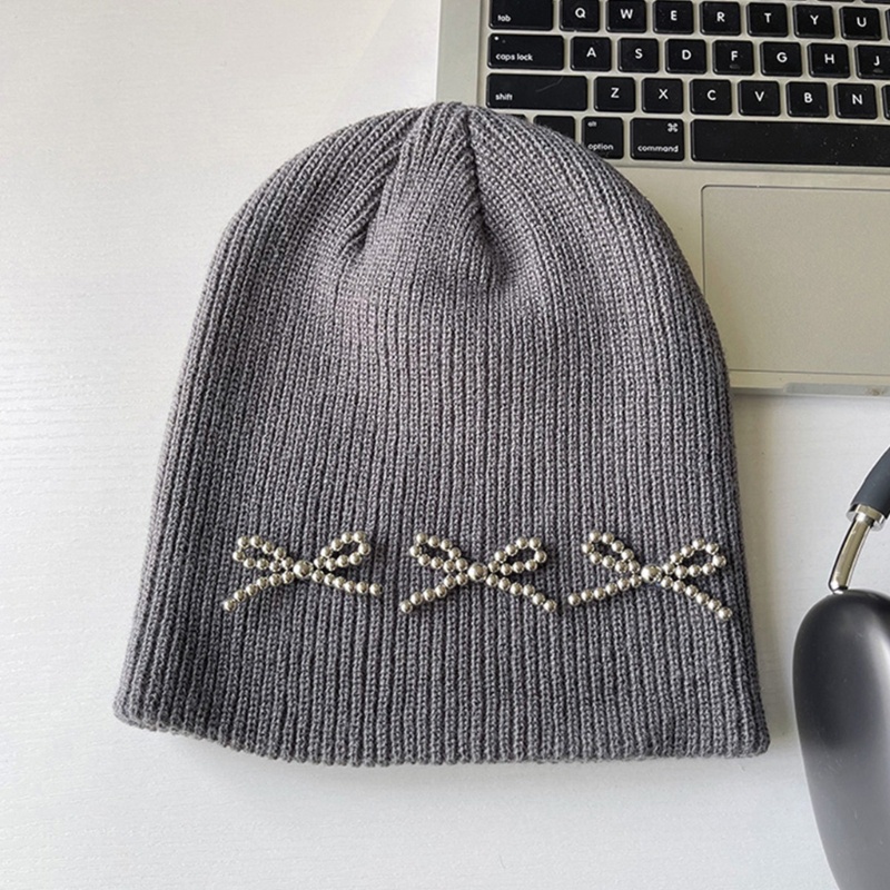 Mũ Len Beanie Đính Hạt Và Nơ Phong Cách Hip Hop Cho Nữ