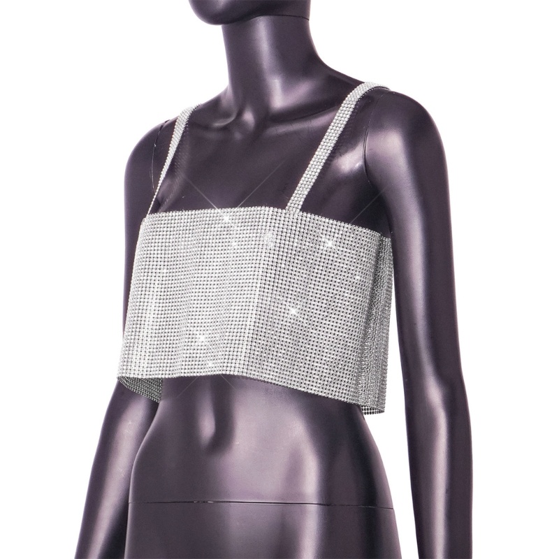 Dasbsug Nữ Fishnet Kim Cương Giả Crop Top Không Tay Pha Lê Tank Top Clubwear