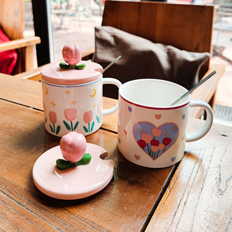 Ly Sứ Cà Phê Văn Phòng Hình Bông Hoa Tulip - Cốc Uống Nước Gốm Sứ Có Muỗng Nắp Xinh Xắn