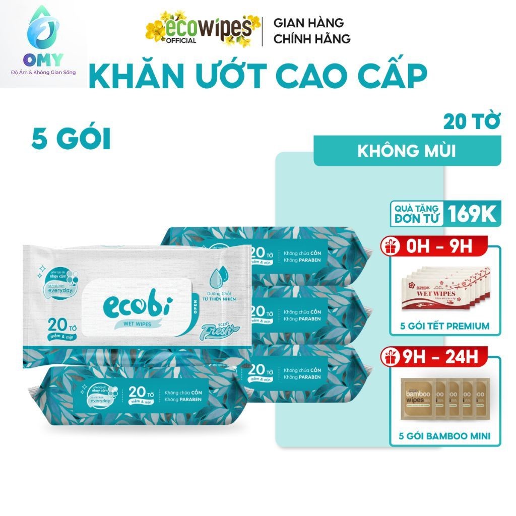 Khăn ướt cho bé Ecobi gói 20 tờ cao cấp không mùi không cồn không parabens