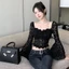 Milyfashion Hot Girl Màu Trơn Cổ Vuông Dài Tay Áo Sơ Mi Ren Nữ Thu Đông Phong Cách Mới Pure Desire Gợi Cảm Hẹp Eo Ôm Hơn Nhìn Phù Hợp Với Áo Ngắn