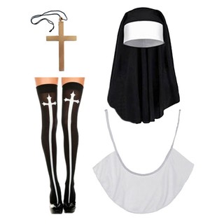 Nun Costume Set,Nun Hat,Cross Pendant Necklace,Knee Thigh  Socks,Nun Collar