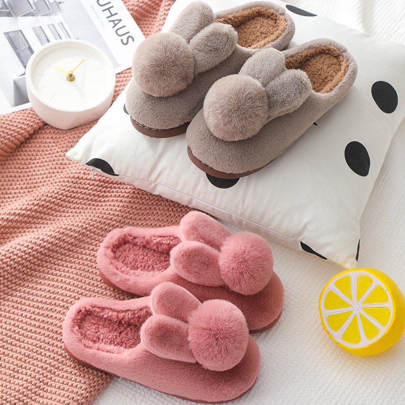 Dép Bông nhung lông tai thỏ dày chống trượt ấm áp mùa đông cho nữ big size35-42