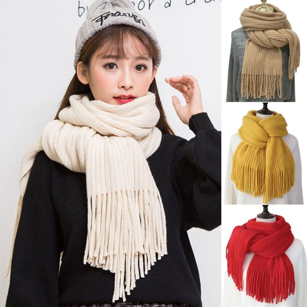 TRACEILLOIAN Khăn choàng Cashmere mùa đông, Khăn quàng cổ màu trơn dài tua rua ấm áp, Khăn quàng cổ dệt kim dày thanh lịch thời trang nữ