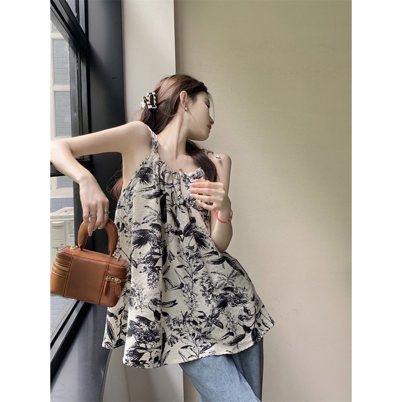 Áo Hai Dây Dáng Rộng Cột Dây Xếp Ly In Họa Tiết Mực Phong Cách Cổ Điển Thời Trang Cho Nữ