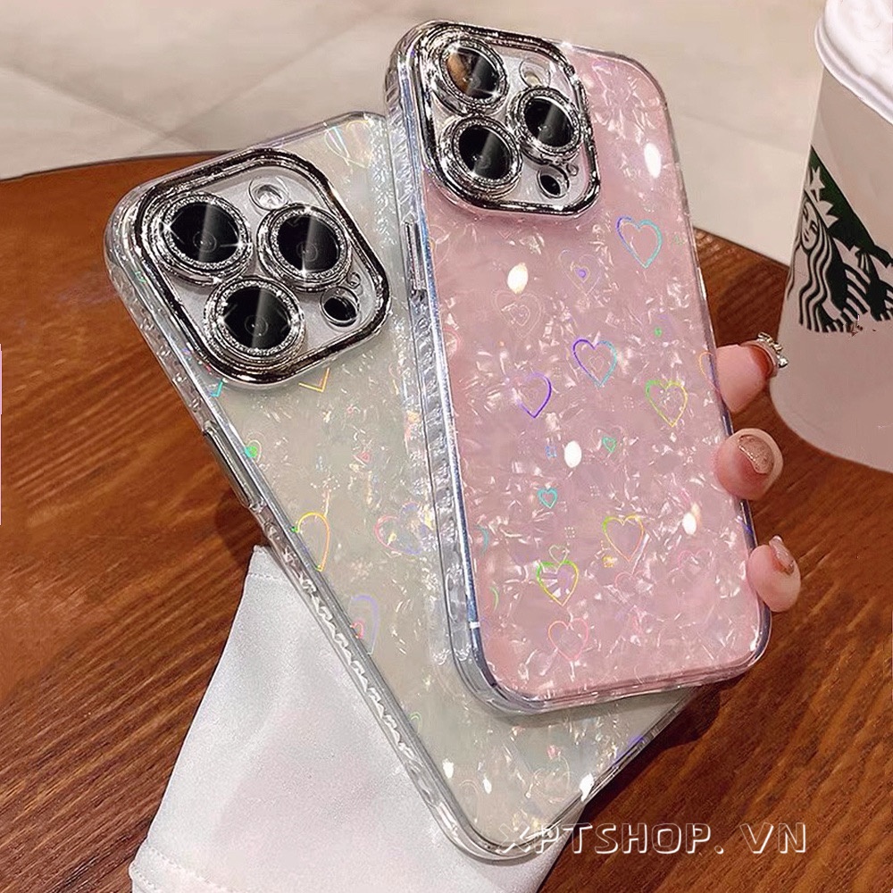 Ốp điện thoại iPhone mạ hoa văn trái tim tình yêu cho iPhone 17ProMax 16ProMax 15Pro 14 13 12 11 Vỏ Acrylic chống sốc toàn diện