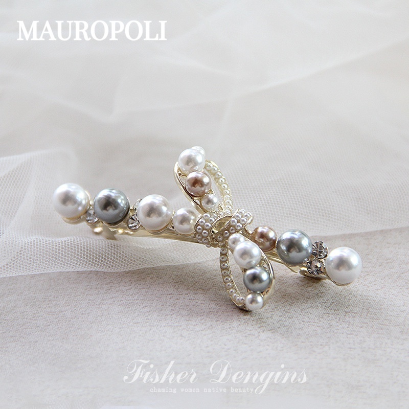 Mauropoli Kẹp tóc ngọc trai nơ đính đá phong cách Hàn Quốc, phụ kiện mùa xuân cho nữ