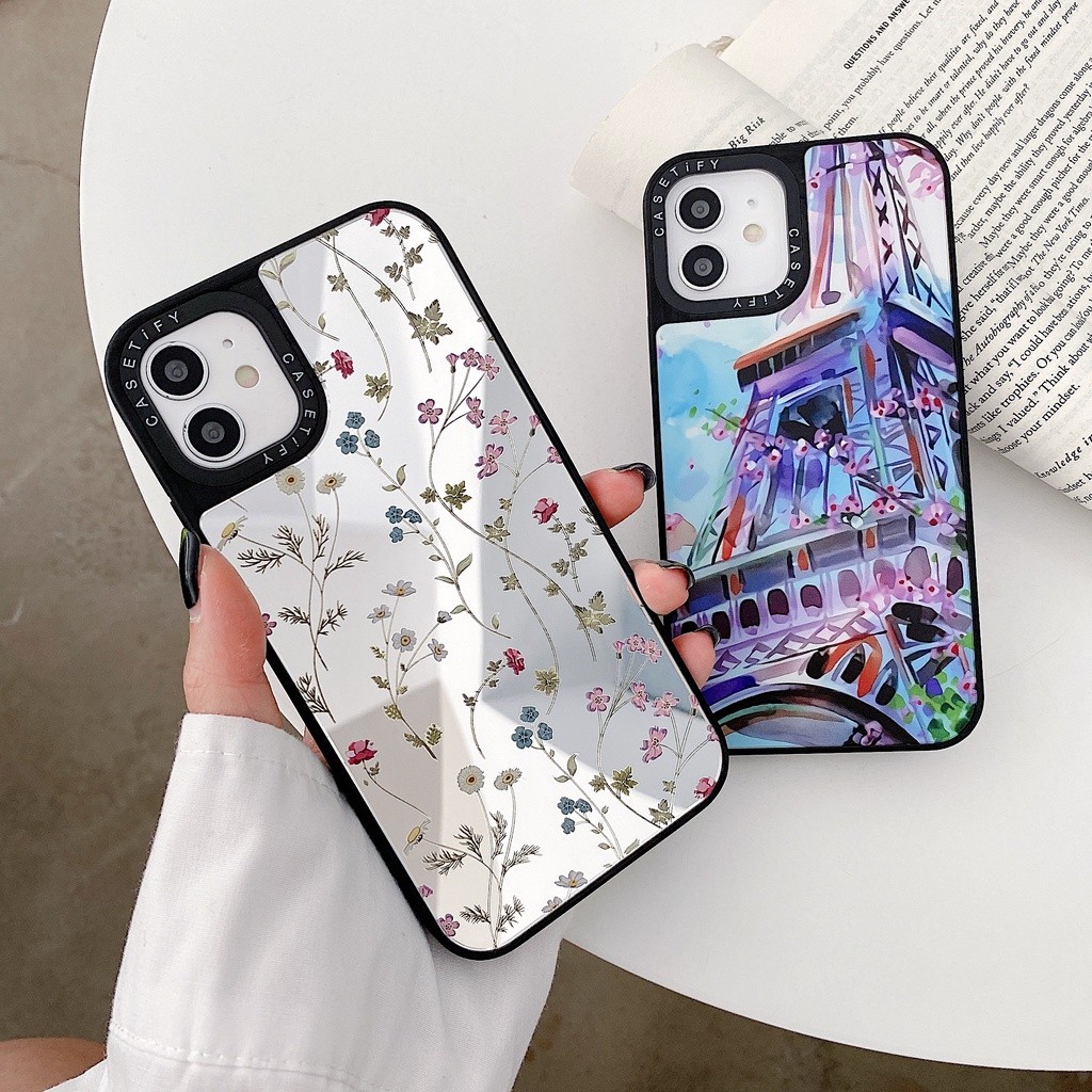 Ins Tranh Màu Nước Tháp Paris Flore Cây Hoa Gương Vỏ Cứng Tương Thích Cho iPhone 16 Pro Max Plus 15 / 14 / 13 / 12 / 11 / X / XS / XR / SE / 8 / 7 / 6