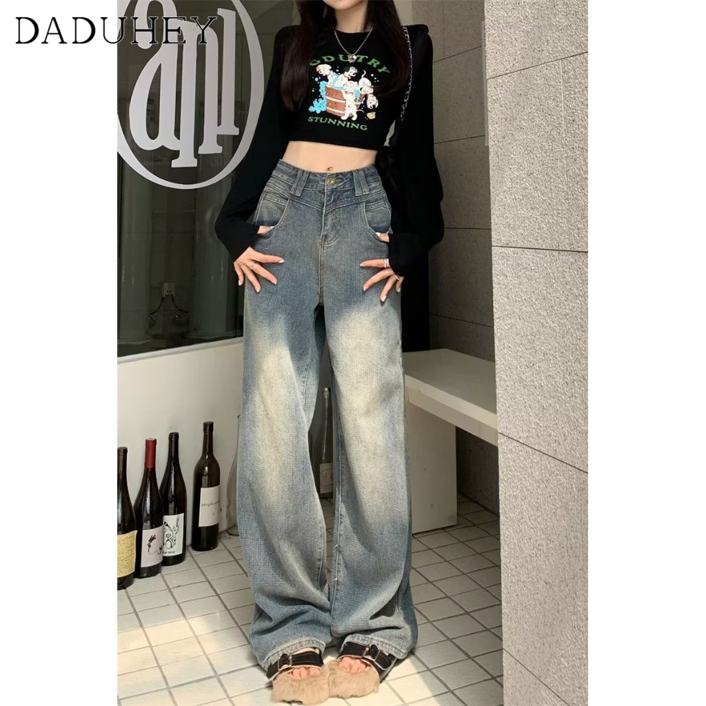Ảnh DaDuHey New American Ins High Street Retro Distressed Jeans Niche High Waist Wide Leg Pants plus Size Trousers 3