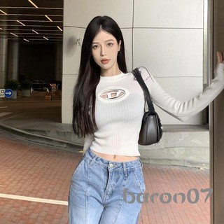 Áo Crop top dệt kim nữ dài tay cơ bản cổ tròn Dấu hiệu kim loại Áo thun phía trước Áo len Crop