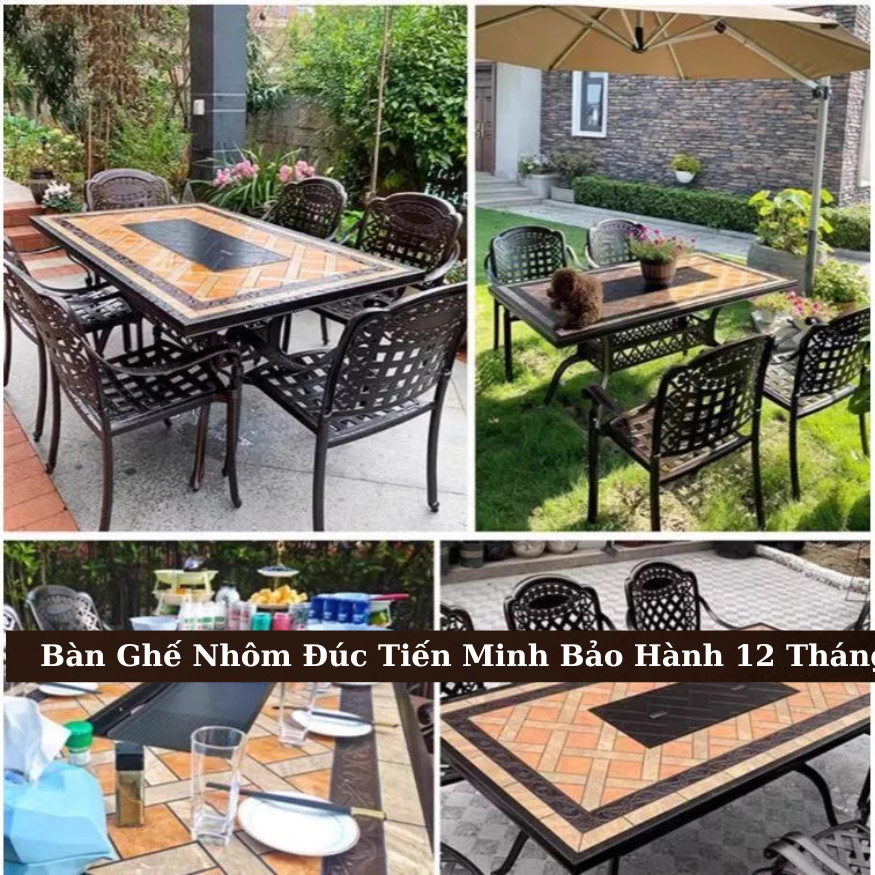 Bàn Ghế Nhôm Đúc Họa Tiết Hoa Sen Sân Vườn Ghế 6 chiếc+1 Bàn chữ nhật Nhôm Đúc Nhập Khẩu - TM18