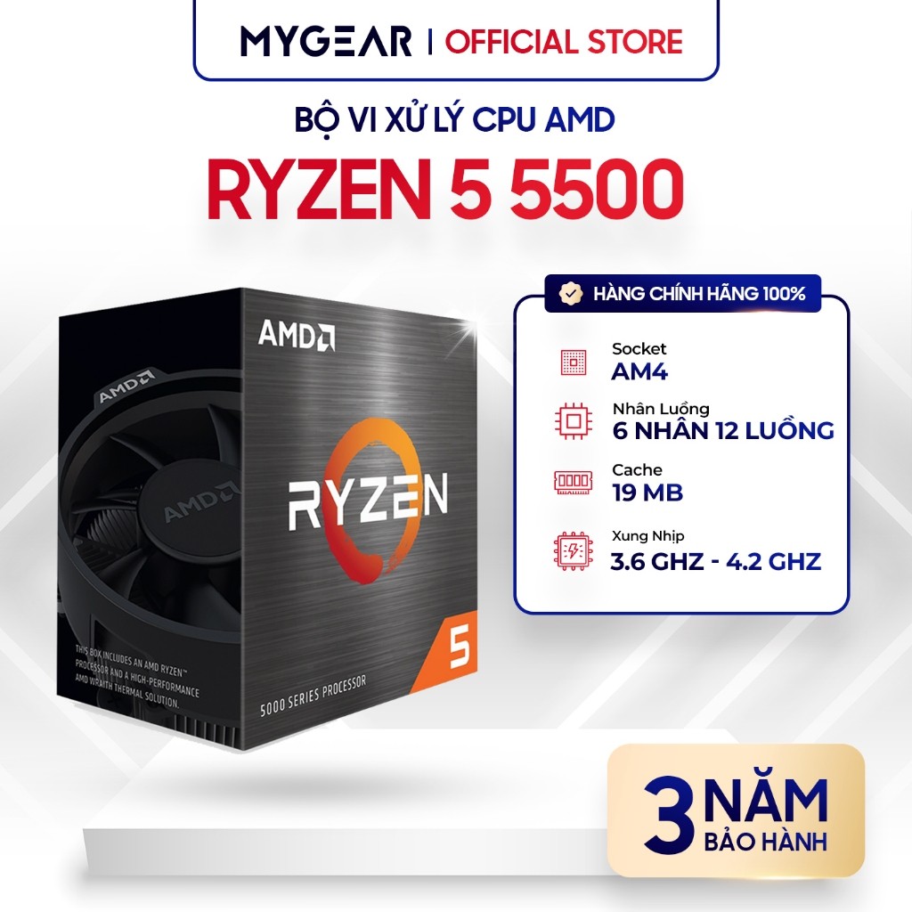 Bộ vi xử lý CPU AMD Ryzen 5 5500 6 nhân 12 luồng bộ nhớ đệm 19MB Xung ...