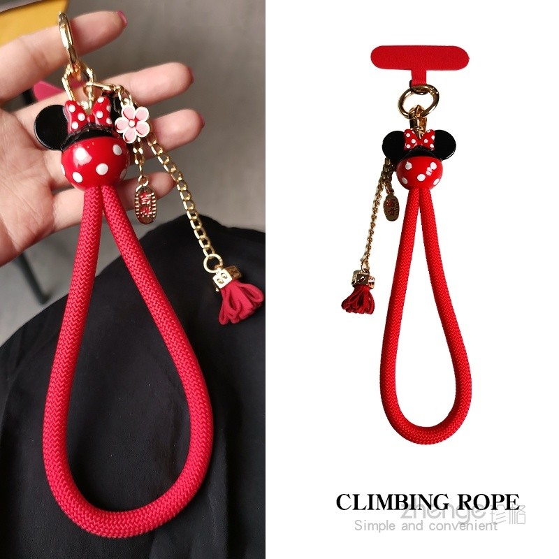 Phụ Kiện Điện Thoại Di Động Mickey Minnie Bện Dây Tay Dày Nữ Di Động Cổ Tay Dây Kẹp Vỏ Điện Thoại Sling Phong Cách Ngắn Leo Núi Dây Ngoài Trời