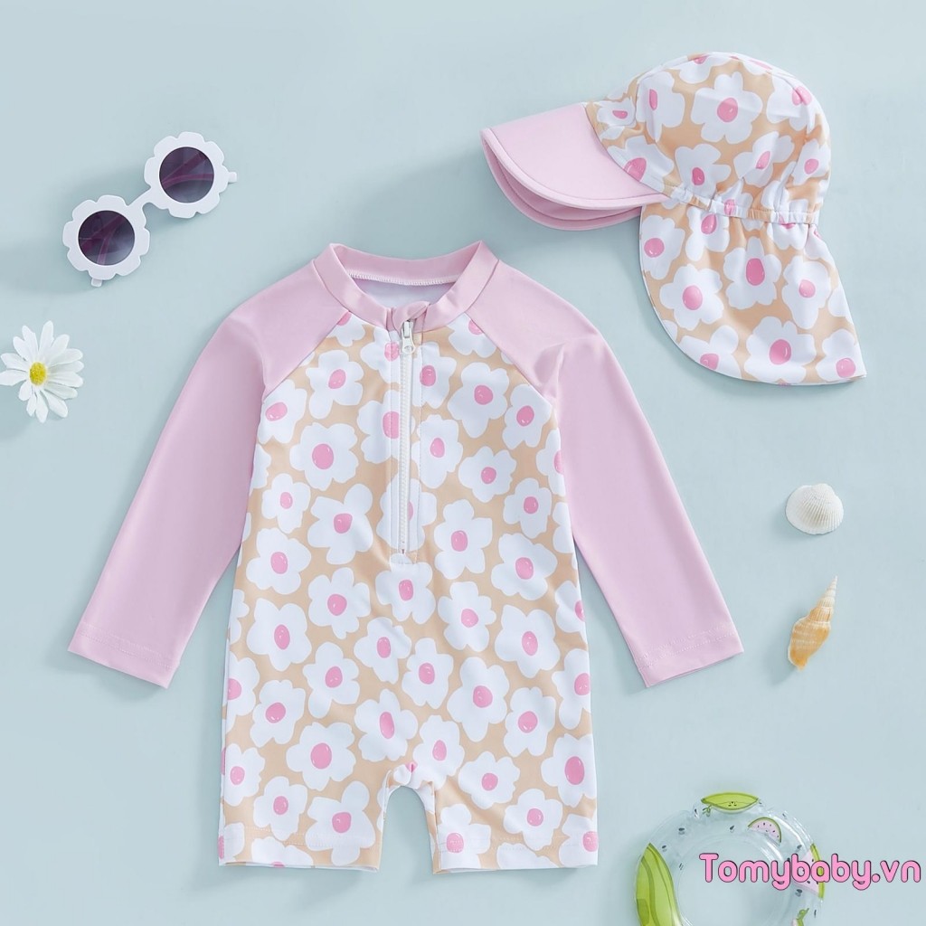 Bộ đồ bơi dài tay cho bé gái Bộ đồ tắm chống đóng cọc in hoa / Flamingo + Sunhat
