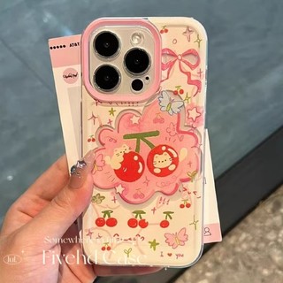Ins Hàn Quốc Vỏ Màu Hồng Mèo Anh Đào Dễ Thương + Giá Đỡ Tương Thích Cho iPhone 11 15 14 13 12 Pro Xs Max XR X 7 8 6 6s Plus SE Vỏ Điện Thoại Hoạt Hình TPU Mềm Vỏ Bảo Vệ