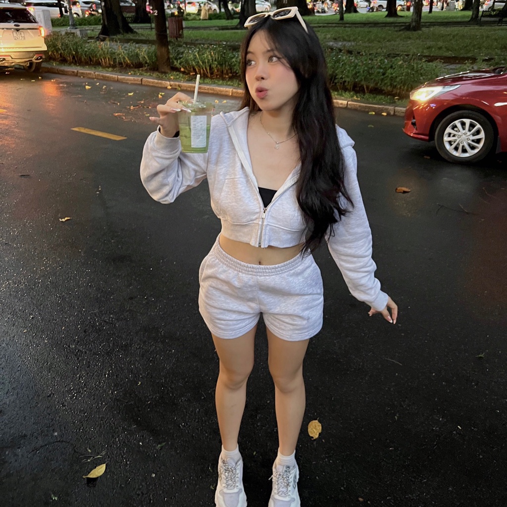 Set bộ nỉ Hoodie Zip Croptop và Quần Short Ngắn Augety Studio (Có tách lẻ)