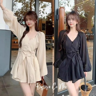 Đồ Bộ Big size nữ tiểu thư áo kiểu tay dài vạt xòe xẻ nhún eo kèm quần đùi lưng chun chất vải đũi xốp dễ mặc SET91