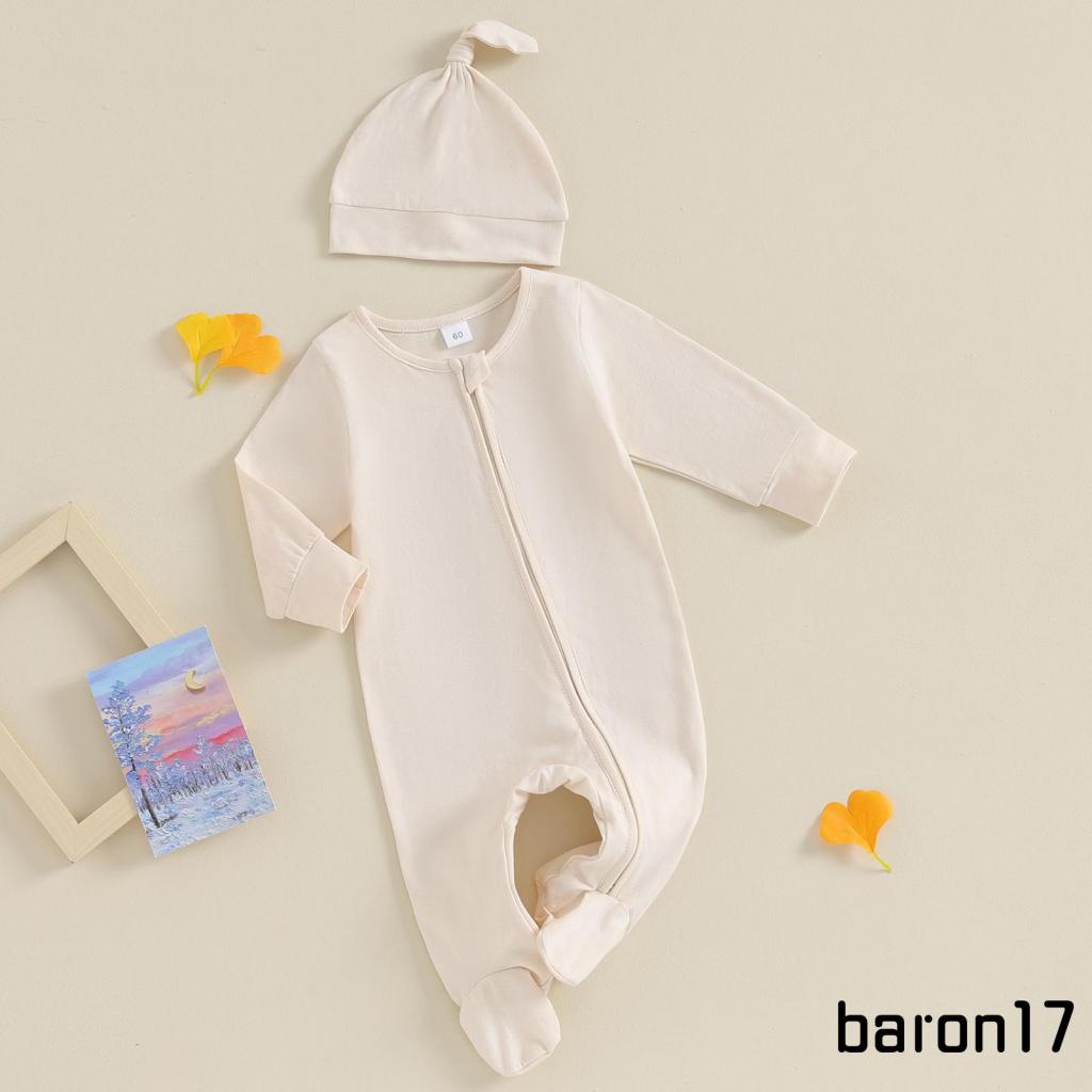 Set Đồ 2 Món Gồm Áo Liền Quần Tay Dài Cổ Tròn Có Khóa Kéo + Mũ Màu Trơn Cho Bé Trai + Gái