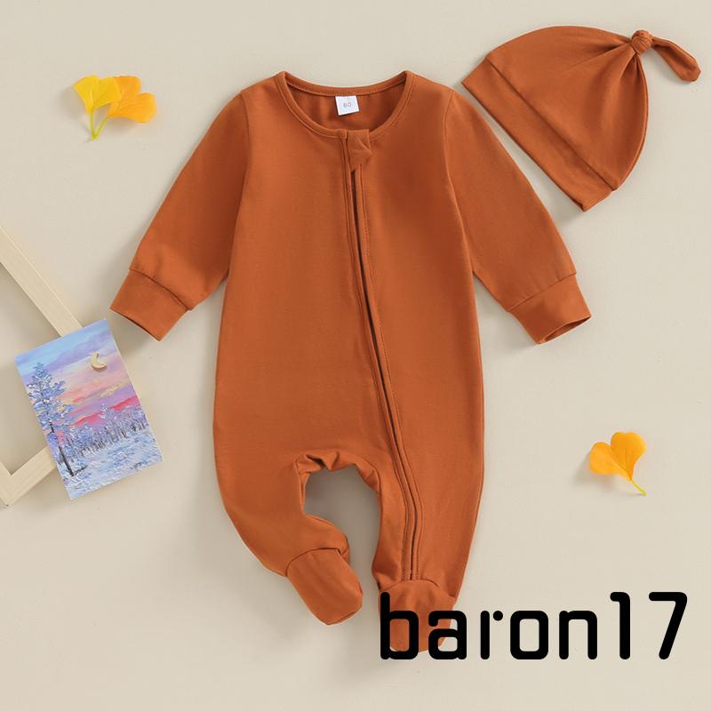 Set Đồ 2 Món Gồm Áo Liền Quần Tay Dài Cổ Tròn Có Khóa Kéo + Mũ Màu Trơn Cho Bé Trai + Gái
