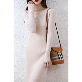 Đầm Len Dài Qua Gối Cổ Tròn Dáng Ôm Thời Trang Thu Đông Phong Cách Mới Cho Nữ