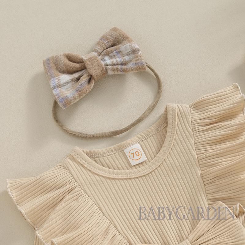 Bộ Áo Liền Quần Tay Dài Phối Bèo Họa Tiết Kẻ Sọc + Băng Đô Cài Tóc Xinh Xắn Cho Bé Gái