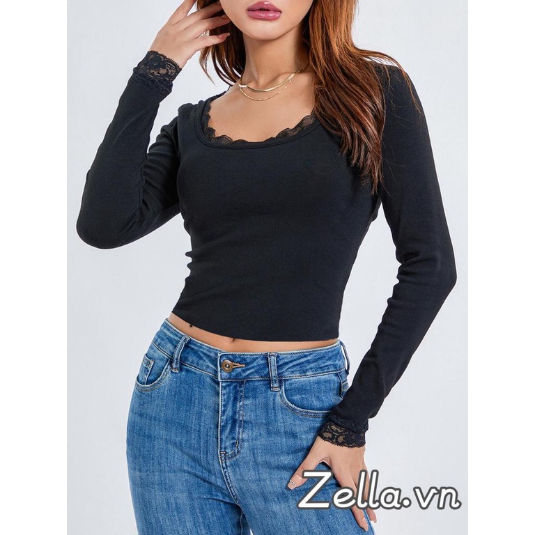 Nữ Ren Viền Áo Thun Ngắn Cổ Chữ U Áo Sơ Mi Tay Dài Mùa Xuân Thu Slim Fit Áo Dạo Phố